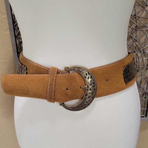 Chico's Tan Suede Belt with Decorative Buckle And Brass Row Embellishment - Picture 1 of 5
